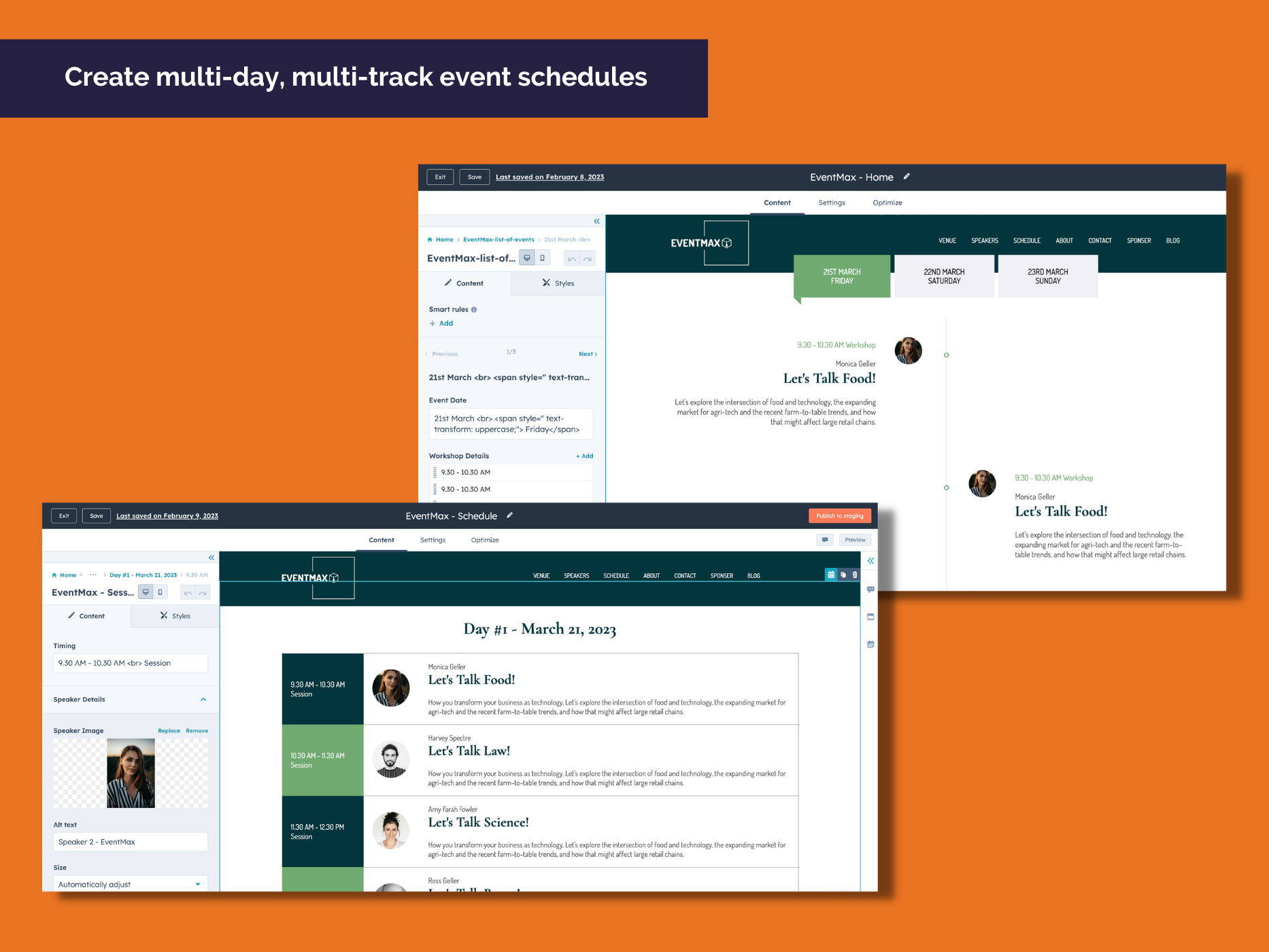 Showcase multi-day and multi-track session schedule